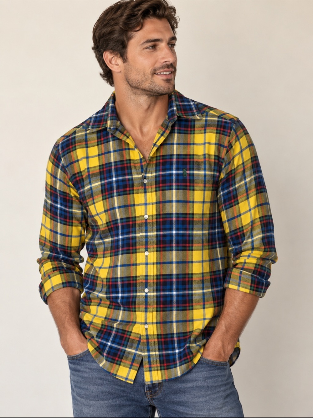 Ralph Lauren Yellow, Blue & Green Plaid Performance Flannel- Men's Size Large